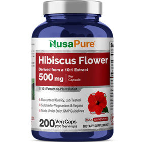 Bouteille de capsules de fleur d'hibiscus NusaPure 500mg vue de face