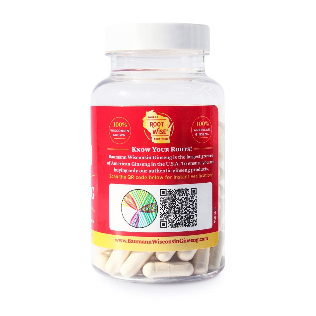 Bouteille de capsules de ginseng Baumann avec étiquette visible