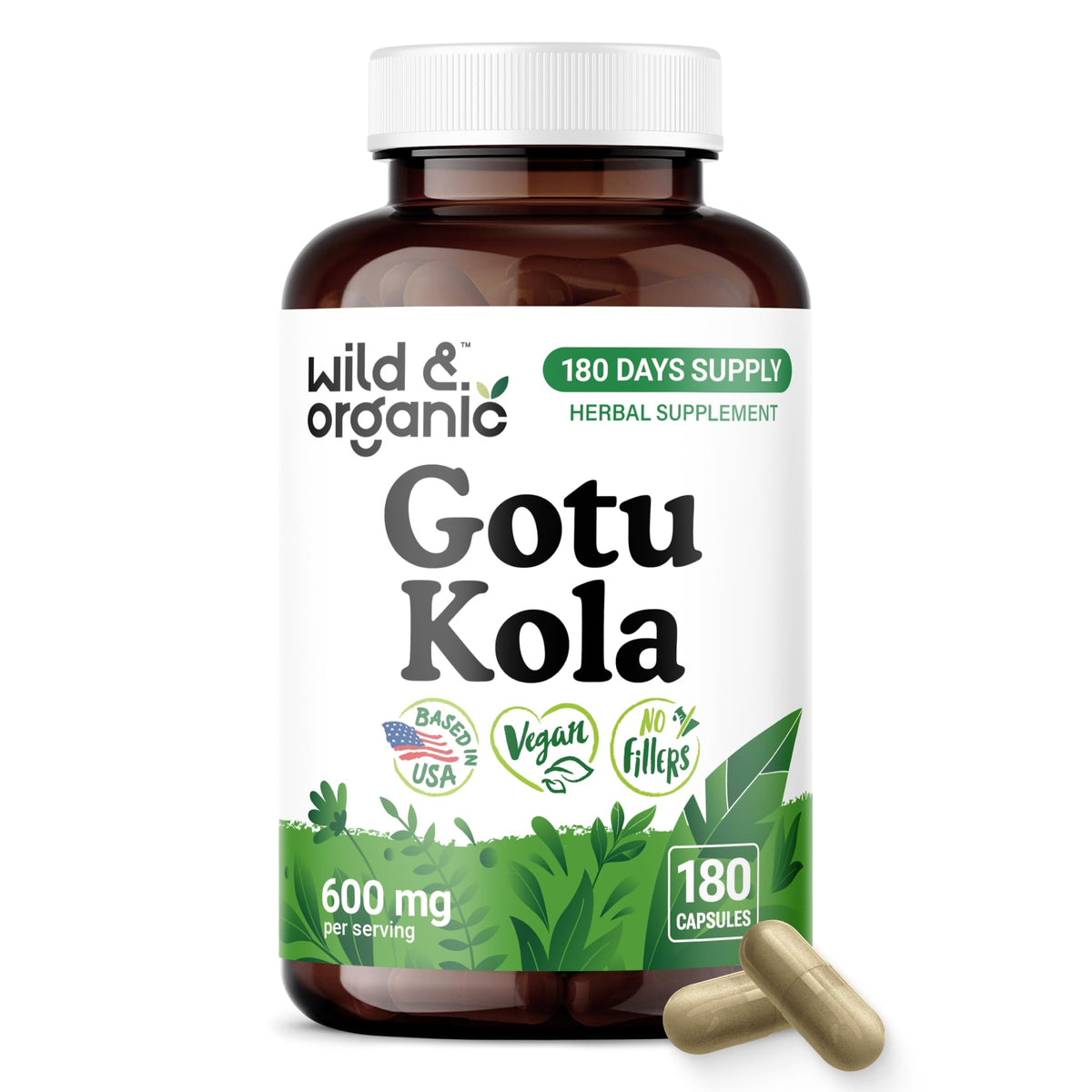 Bouteille de capsules de Gotu Kola Wild & Organic vue de face