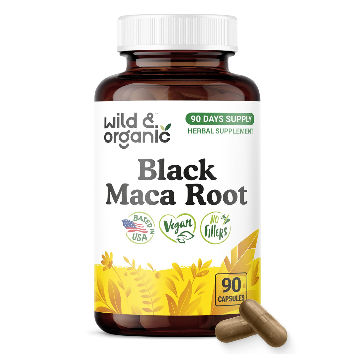 Bouteille de capsules de maca noire Wild & Organic 500 mg vue de face