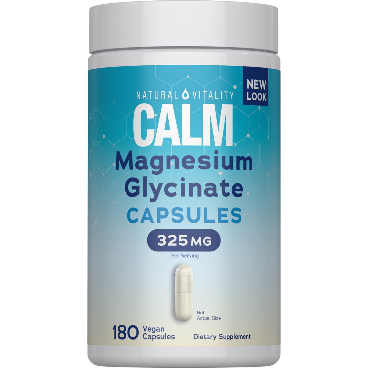 Bouteille de capsules de magnésium glycinate Natural Vitality Calm, vue de face
