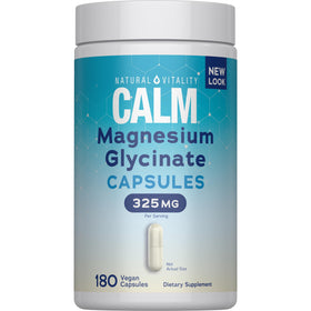 Bouteille de capsules de magnésium glycinate Natural Vitality Calm, vue de face