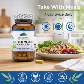 Bouteille de capsules de melon amer avec ingrédients affichés