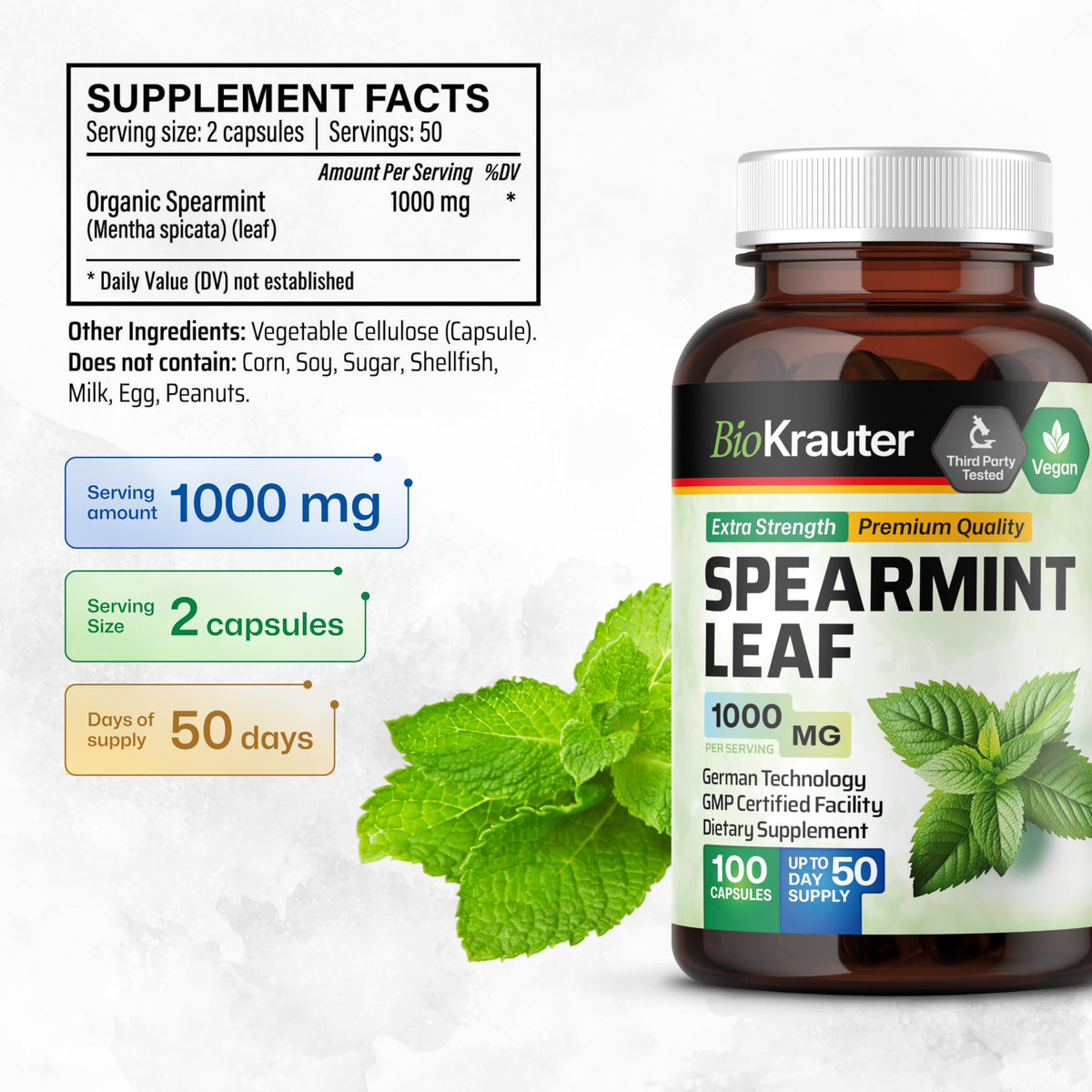 Bouteille de capsules de menthe verte BIO KRAUTER avec étiquette visible