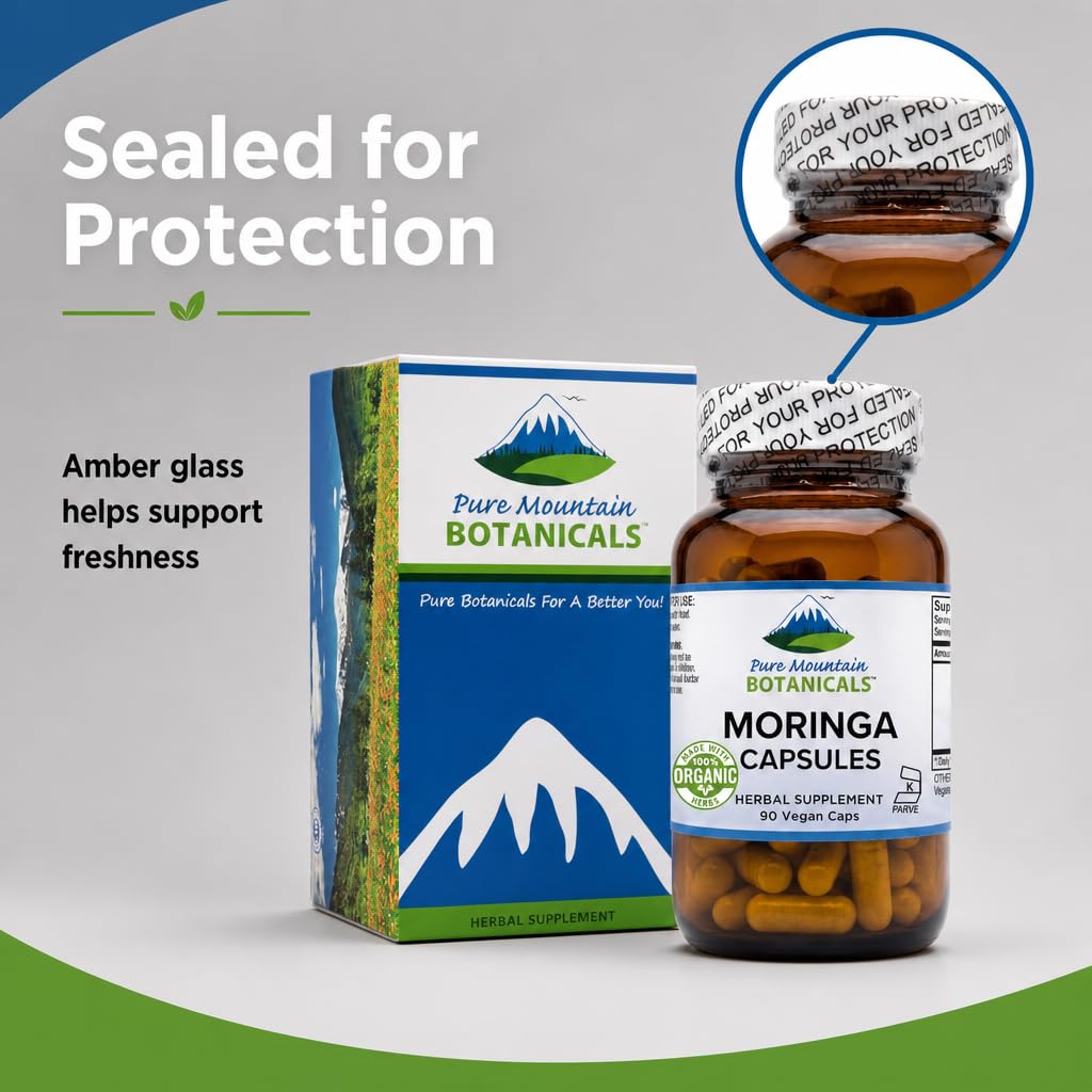 Bouteille de capsules de Moringa 1000mg ouverte avec capsules visibles