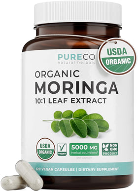 Bouteille de capsules de Moringa Bio PURE CO vue de face