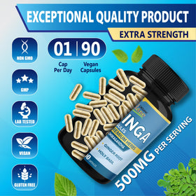 Bouteille de capsules de Moringa Organic Cadane ouverte avec capsules visibles