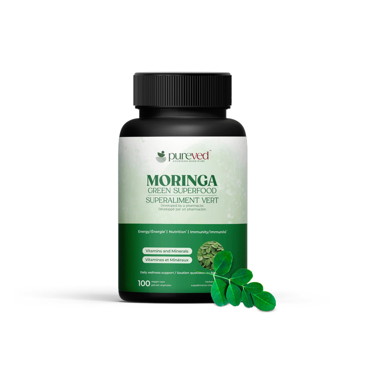 Bouteille de capsules de moringa Pureved vue de face