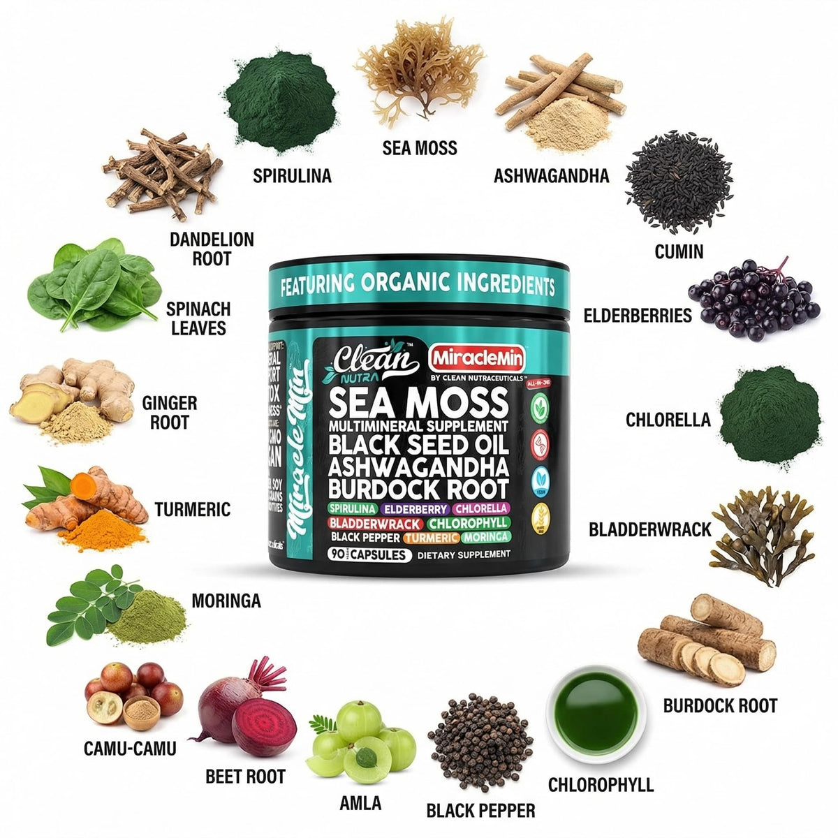 Bouteille de capsules de mousse de mer bio avec étiquette