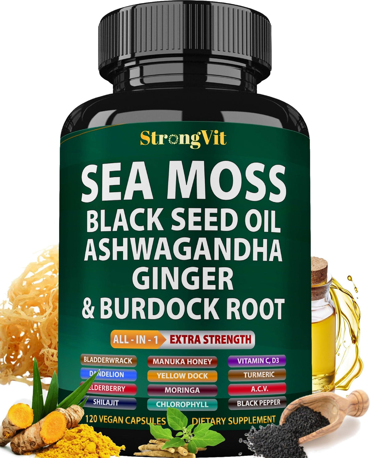 Bouteille de capsules de mousse de mer bio StrongVit vue de face