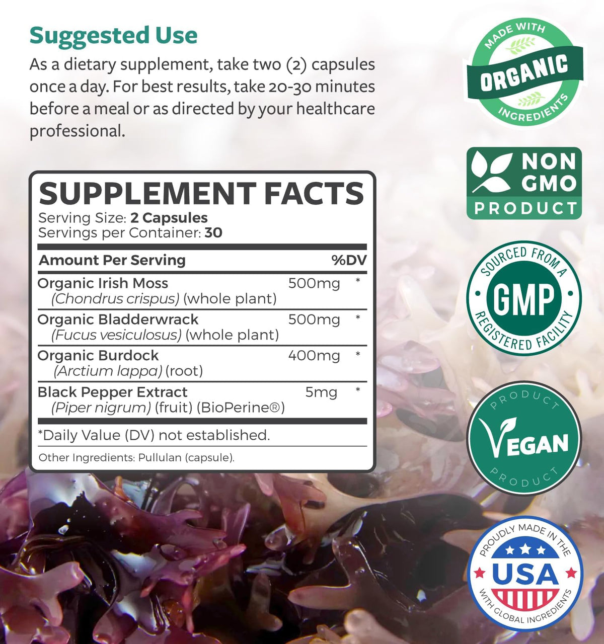 Bouteille de capsules de mousse de mer bio sur fond blanc