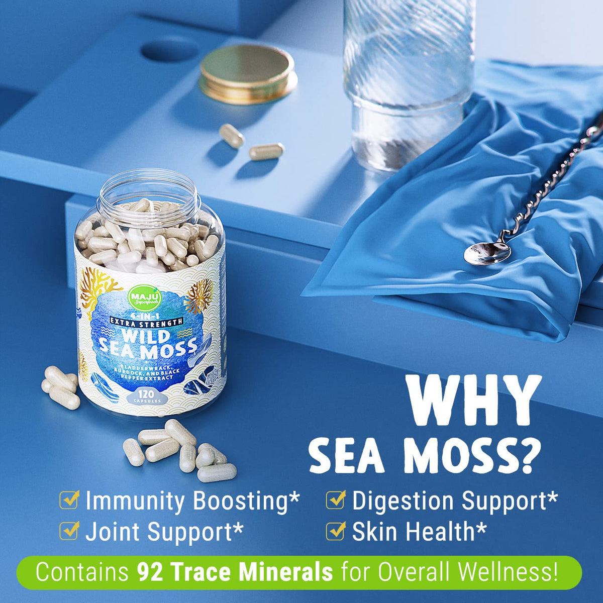Bouteille de capsules de mousse de mer irlandais Maju avec ingrédients naturels