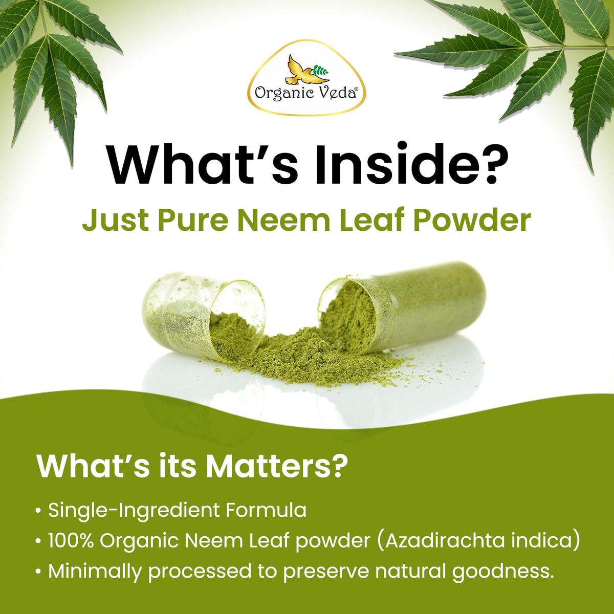 Bouteille de capsules de neem Organic Veda avec étiquette visible