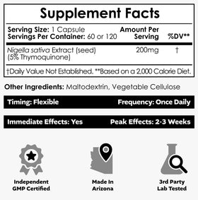 Bouteille de capsules de Nigelle Sativa 200mg avec étiquette visible