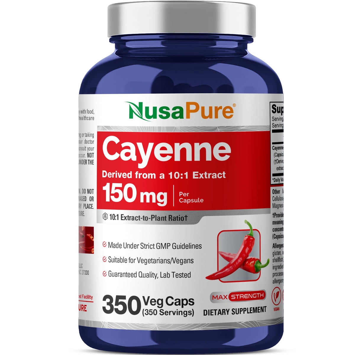 Bouteille de capsules de Piment de Cayenne NusaPure 150 mg vue de face