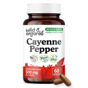 Bouteille de capsules de piment de cayenne Wild & Organic vue de face