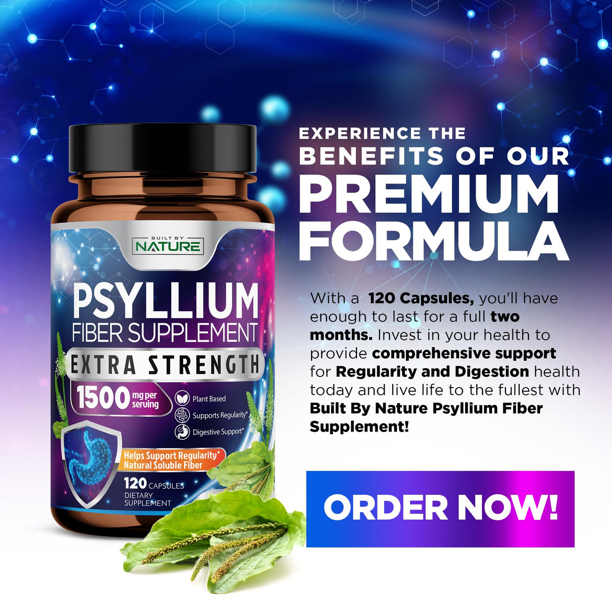 Bouteille de capsules de psyllium avec dosage de 1500mg