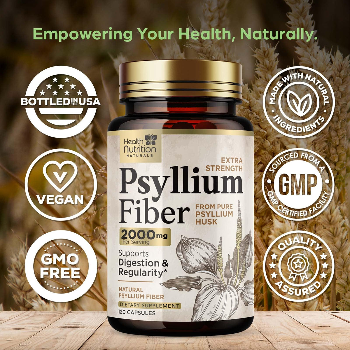Bouteille de capsules de psyllium Health Nutrition Naturals, étiquette visible