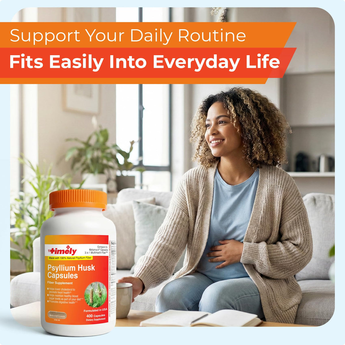 Bouteille de capsules de psyllium TIME-CAP LABS avec étiquette visible