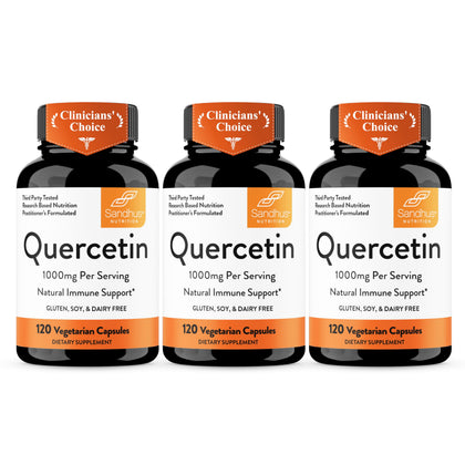Bouteille de capsules de quercétine Sandhu's 500mg, 360 Ct, vue de face