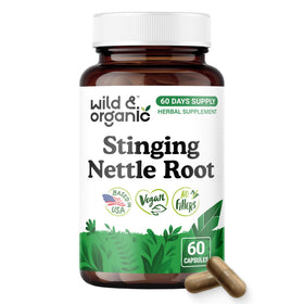 Bouteille de capsules de racine d'ortie Wild & Organic vue de face