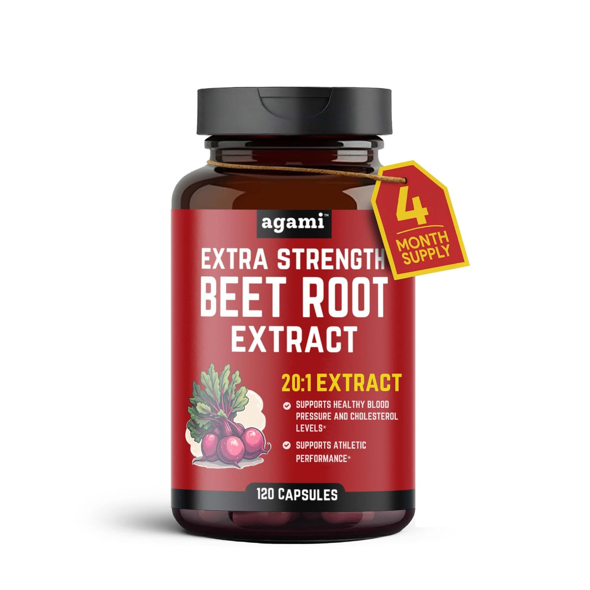 Bouteille de capsules de racine de betterave Agami vue de face