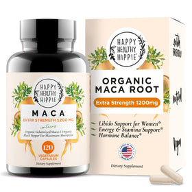 Bouteille de capsules de racine de maca bio Happy Healthy Hippie vue de face