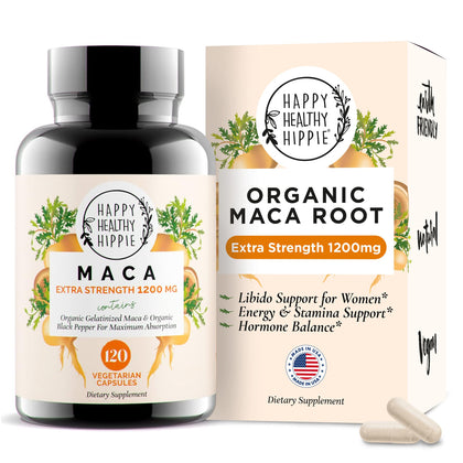 Bouteille de capsules de racine de maca bio Happy Healthy Hippie vue de face