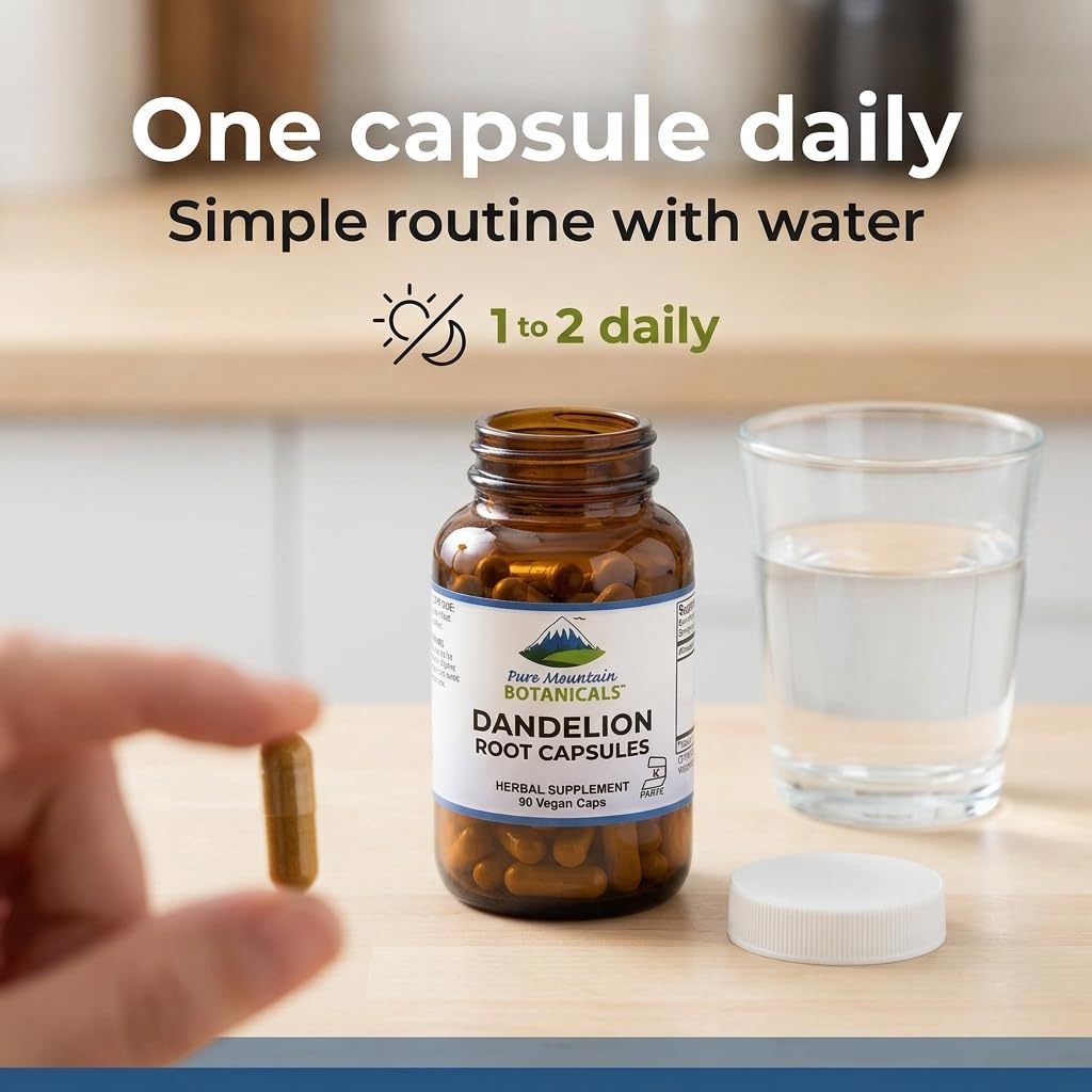 Bouteille de capsules de racine de pissenlit Pure Mountain Botanicals ouverte avec des capsules visibles