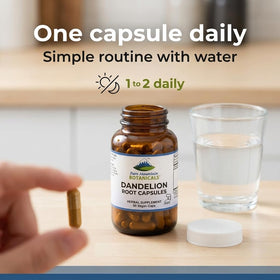 Bouteille de capsules de racine de pissenlit Pure Mountain Botanicals ouverte avec des capsules visibles