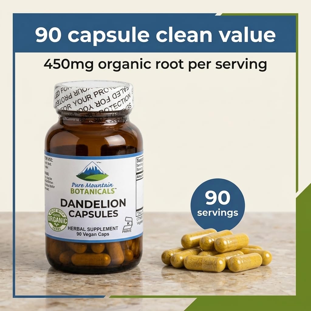 Bouteille de capsules de racine de pissenlit Pure Mountain Botanicals sur un fond blanc