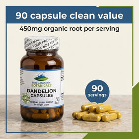 Bouteille de capsules de racine de pissenlit Pure Mountain Botanicals sur un fond blanc