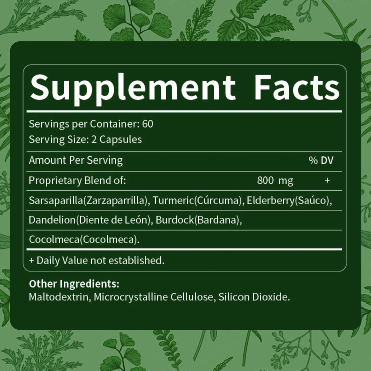 Bouteille de capsules de racine de salsepareille Verdeherb avec des herbes