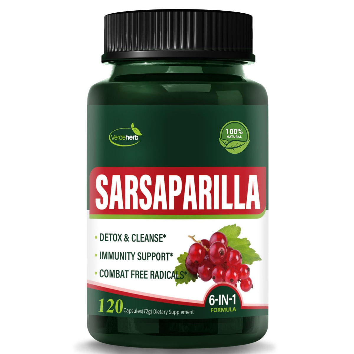 Bouteille de capsules de racine de salsepareille Verdeherb vue de face