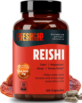 Bouteille de capsules de Reishi bio FreshCap Mushrooms vue de face
