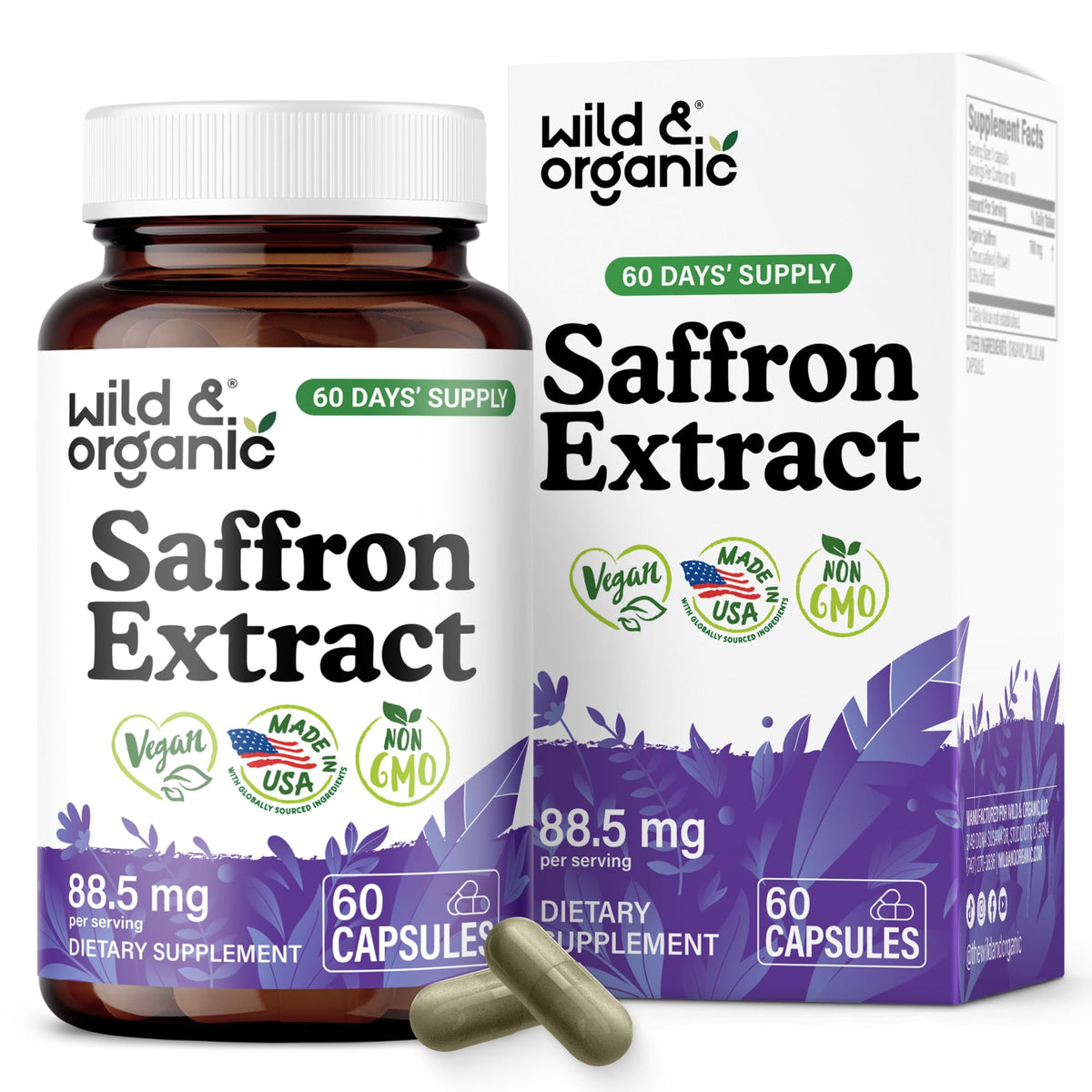 Bouteille de capsules de safran Wild & Organic 88,5 mg avec 60 comprimés