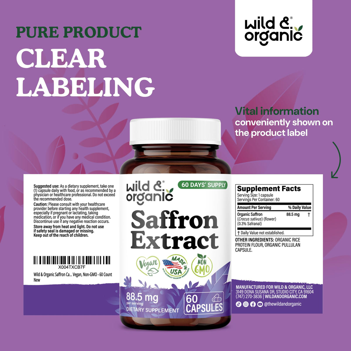 Bouteille de capsules de safran Wild & Organic ouverte montrant des capsules