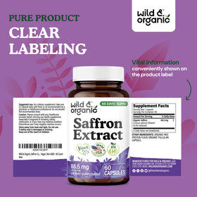 Bouteille de capsules de safran Wild & Organic ouverte montrant des capsules