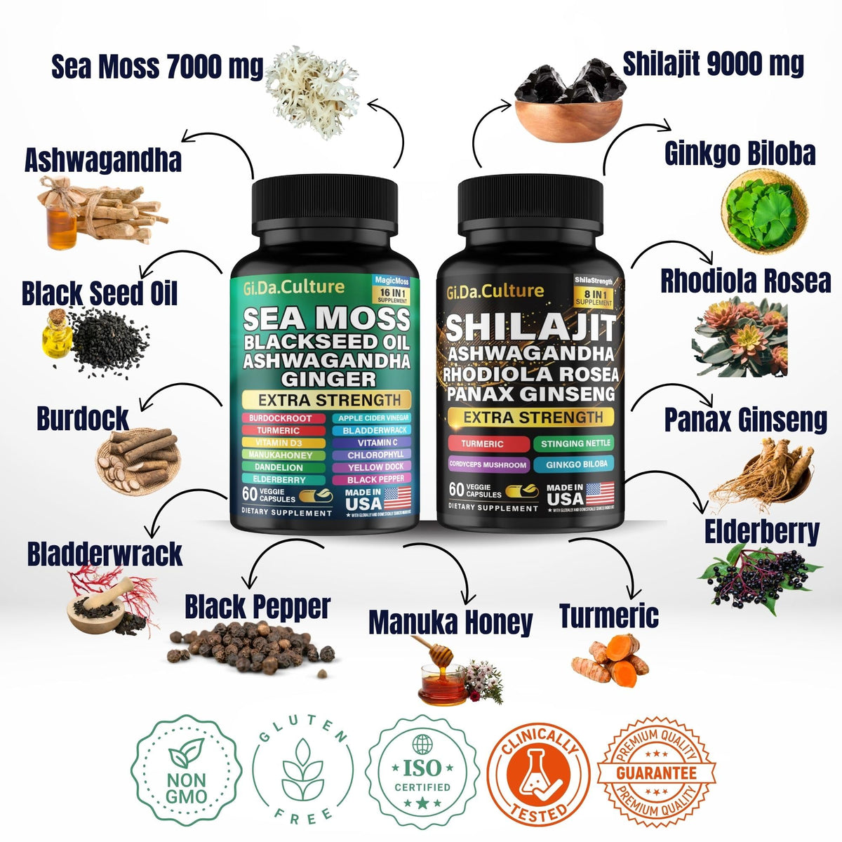 Bouteille de capsules de Shilajit et Sea Moss sur une surface en bois