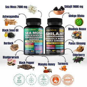 Bouteille de capsules de Shilajit et Sea Moss sur une surface en bois