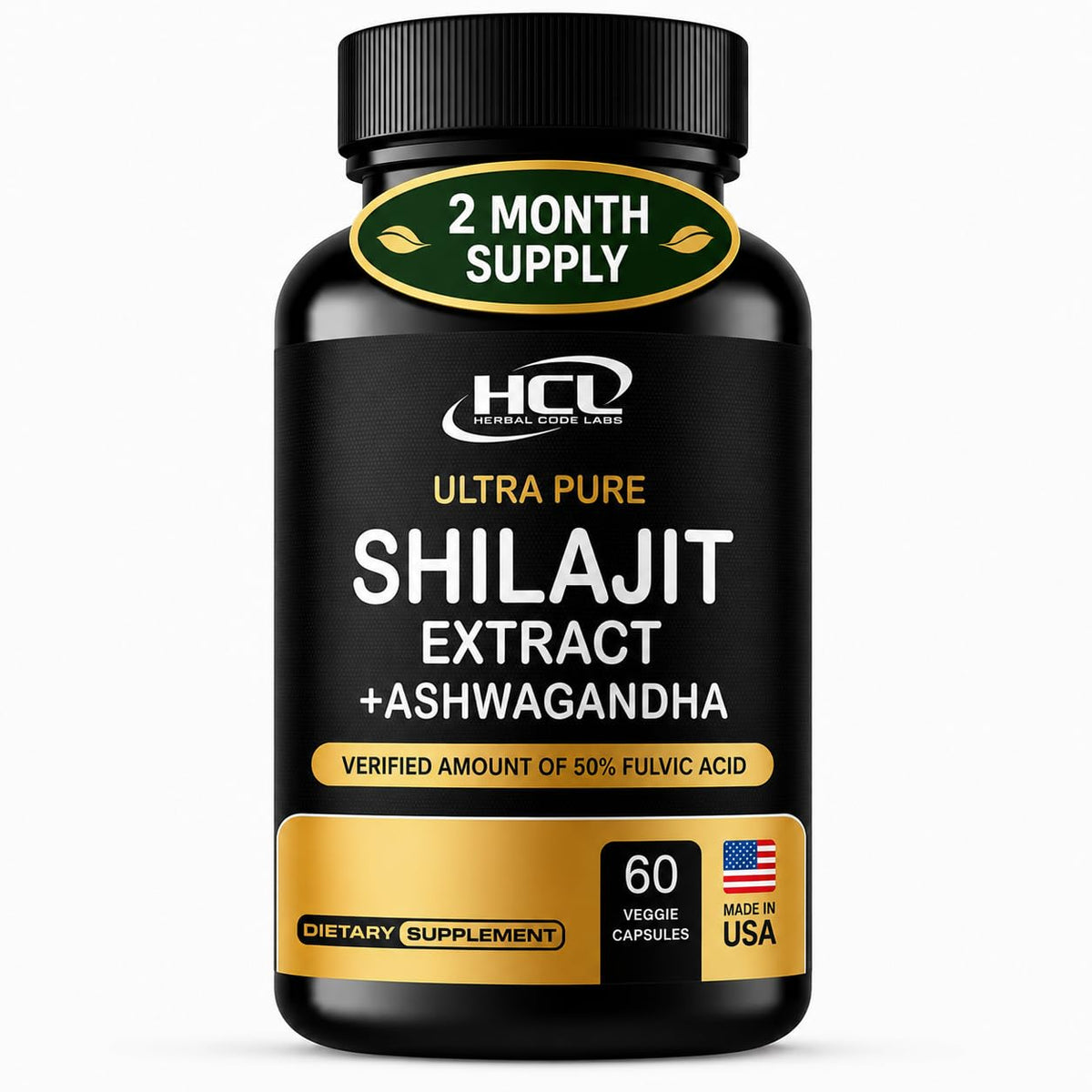 Bouteille de capsules de Shilajit HCL vue de face avec étiquette