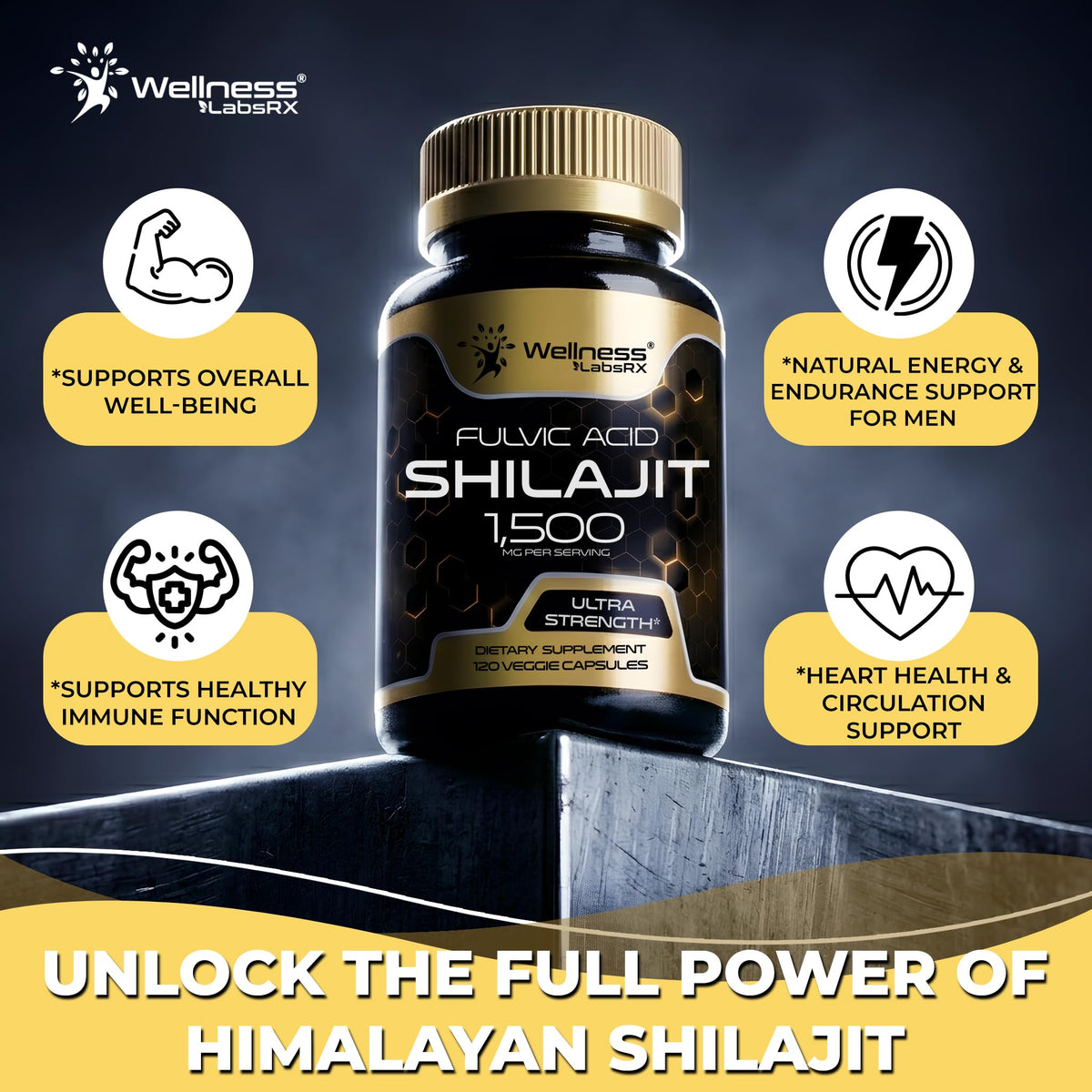 Bouteille de capsules de Shilajit Himalayen WELLNESS LABSRX, étiquette visible