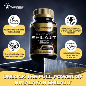 Bouteille de capsules de Shilajit Himalayen WELLNESS LABSRX, étiquette visible