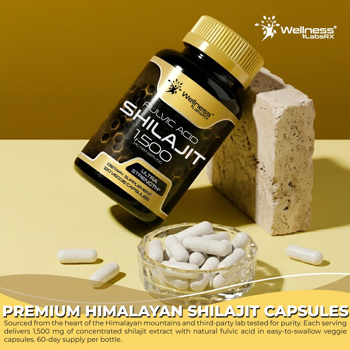 Bouteille de capsules de Shilajit Himalayen WELLNESS LABSRX ouverte