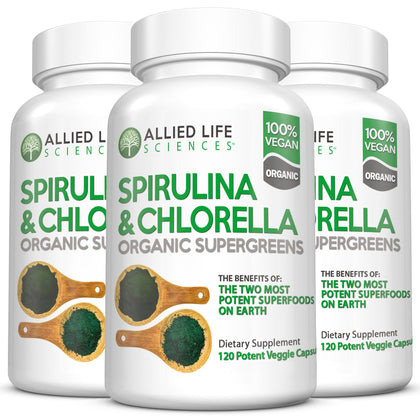 Bouteille de capsules de Spiruline et Chlorelle Allied Life vue de face