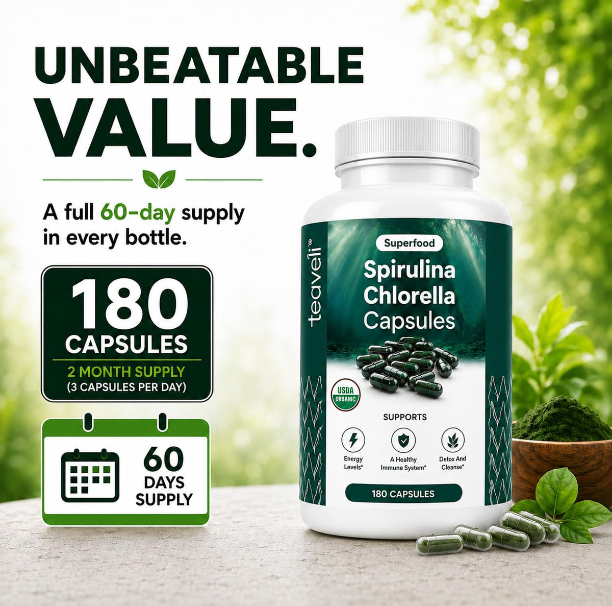Bouteille de capsules de Spiruline et Chlorelle Bio Teaveli ouverte