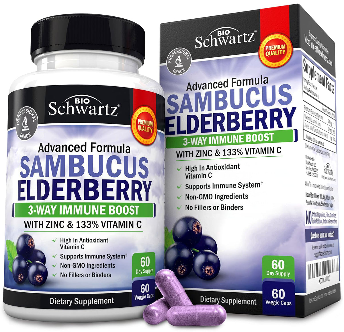 Bouteille de capsules de sureau BioSchwartz avec 60 comprimés