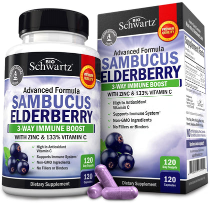 Bouteille de capsules de sureau BioSchwartz avec étiquette visible