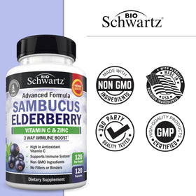 Bouteille de capsules de sureau BioSchwartz sur un fond naturel
