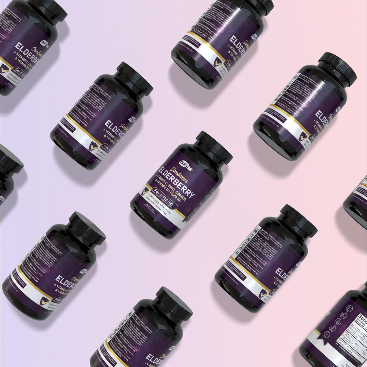 Bouteille de Capsules de Sureau Sambucus NutriFlair avec étiquette visible